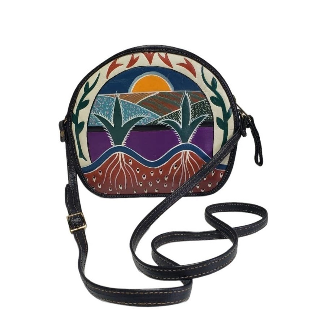 Turtle Ridge Leather Hand Painted Tooled Crossbody Purse‎ Forest Green Zi…